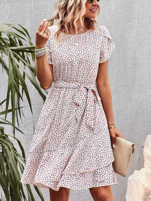 Temperament Floral Casual Strap Waist Round Neck Mini Dress - Image 6