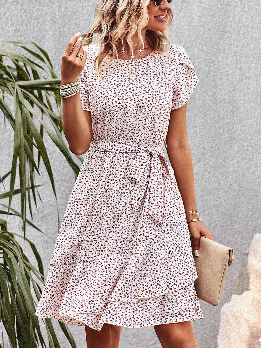 Temperament Floral Casual Strap Waist Round Neck Mini Dress - Image 6