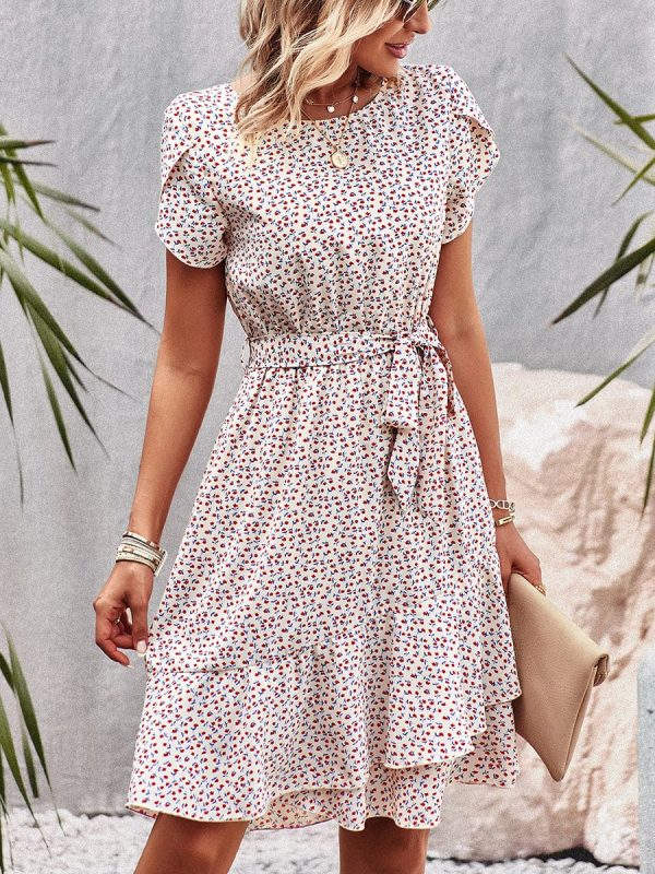 Temperament Floral Casual Strap Waist Round Neck Mini Dress - Image 10