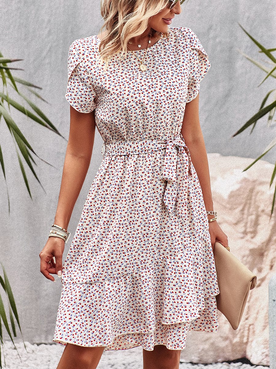 Temperament Floral Casual Strap Waist Round Neck Mini Dress - Image 10