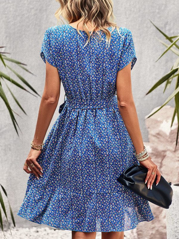 Temperament Floral Casual Strap Waist Round Neck Mini Dress - Image 16