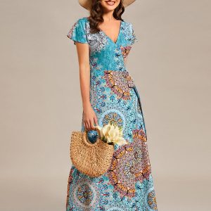 V-Neck Printed Cocktail Dress with Side Split