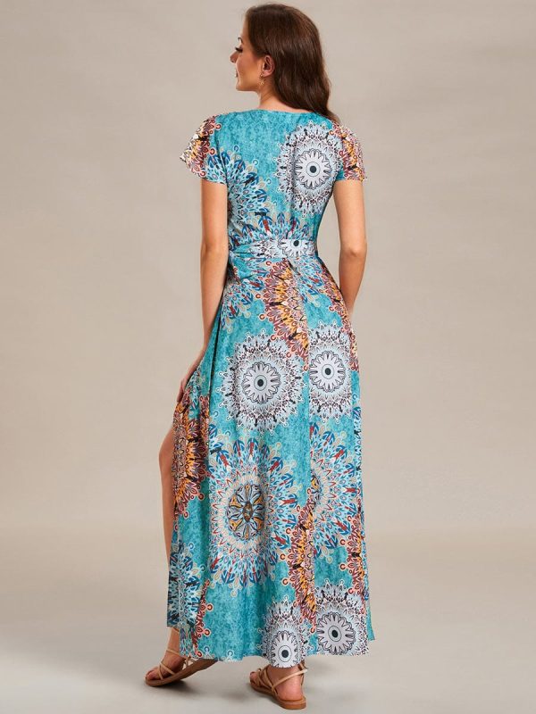 V-Neck Printed Cocktail Dress with Side Split - Image 3