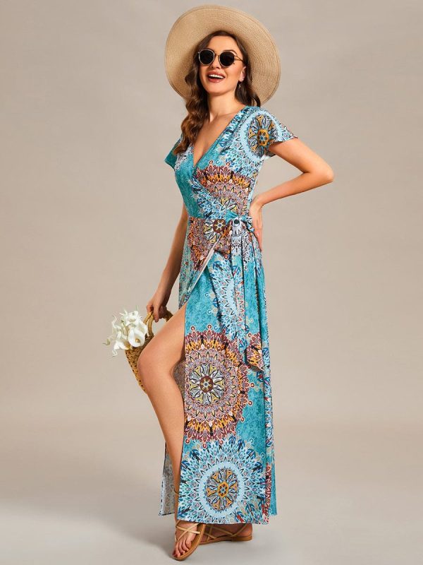V-Neck Printed Cocktail Dress with Side Split - Image 2