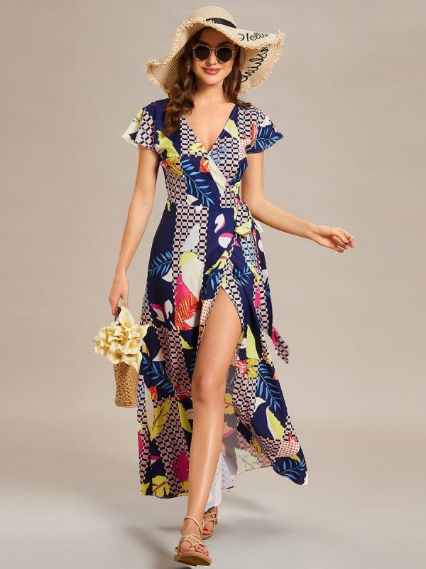 V-Neck Printed Cocktail Dress with Side Split - Image 22