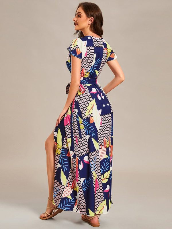 V-Neck Printed Cocktail Dress with Side Split - Image 24