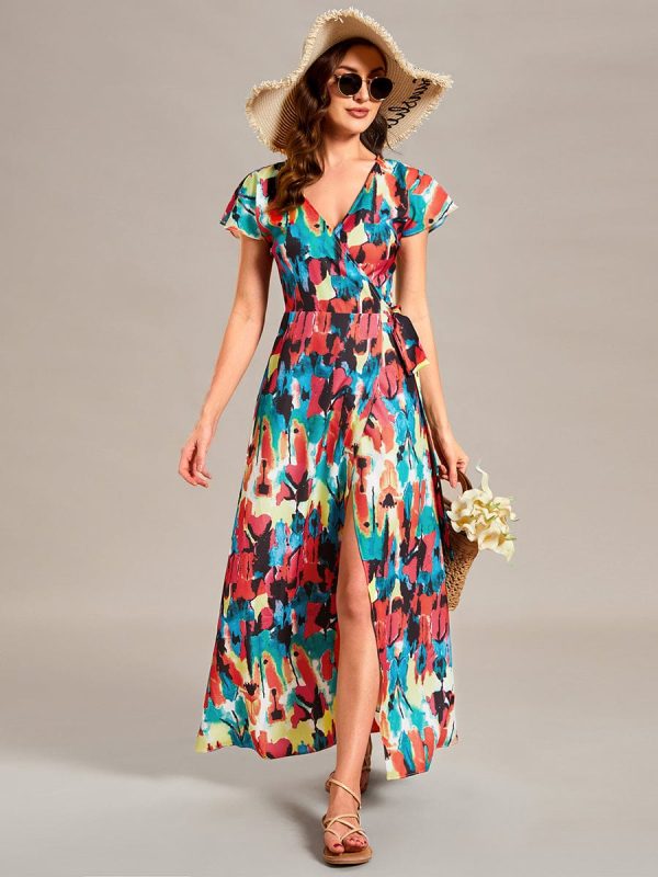 V-Neck Printed Cocktail Dress with Side Split - Image 17