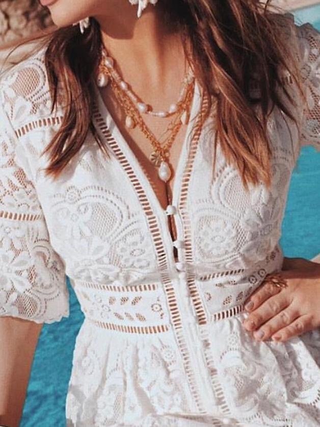V-neck Short Sleeve Hollow Lace Dress - Image 6