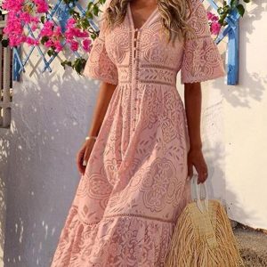 V-neck Short Sleeve Hollow Lace Dress