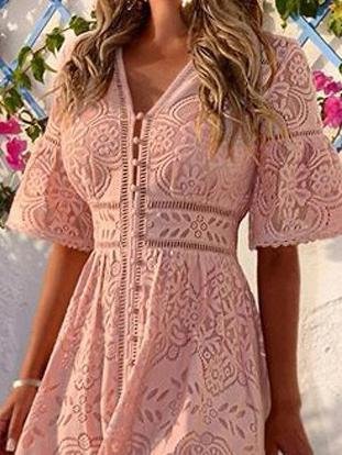 V-neck Short Sleeve Hollow Lace Dress - Image 2