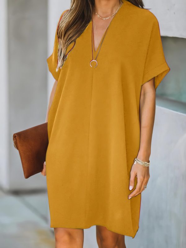 V-neck Short Sleeve Solid Color Loose Dress - Image 17
