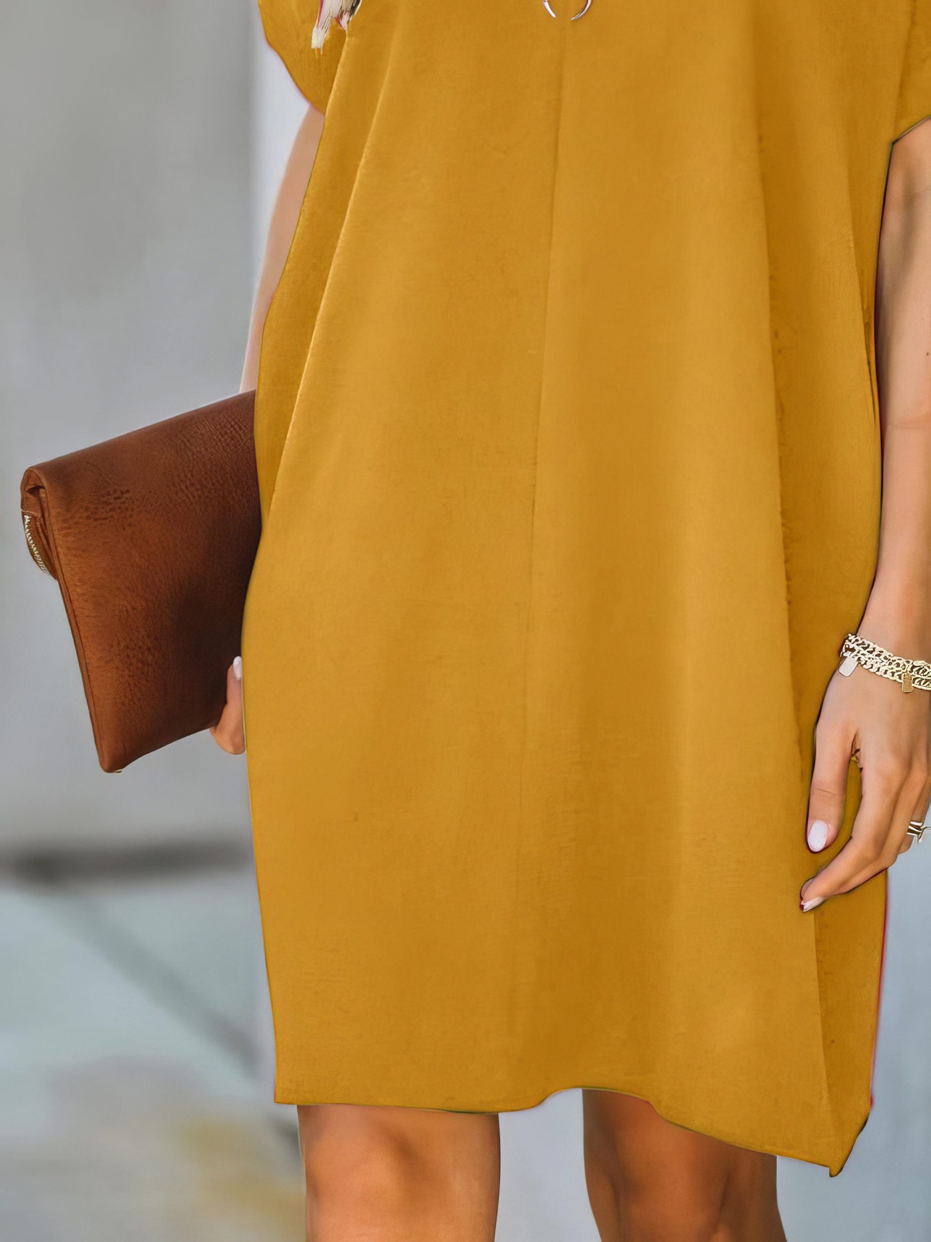 V-neck Short Sleeve Solid Color Loose Dress - Image 19