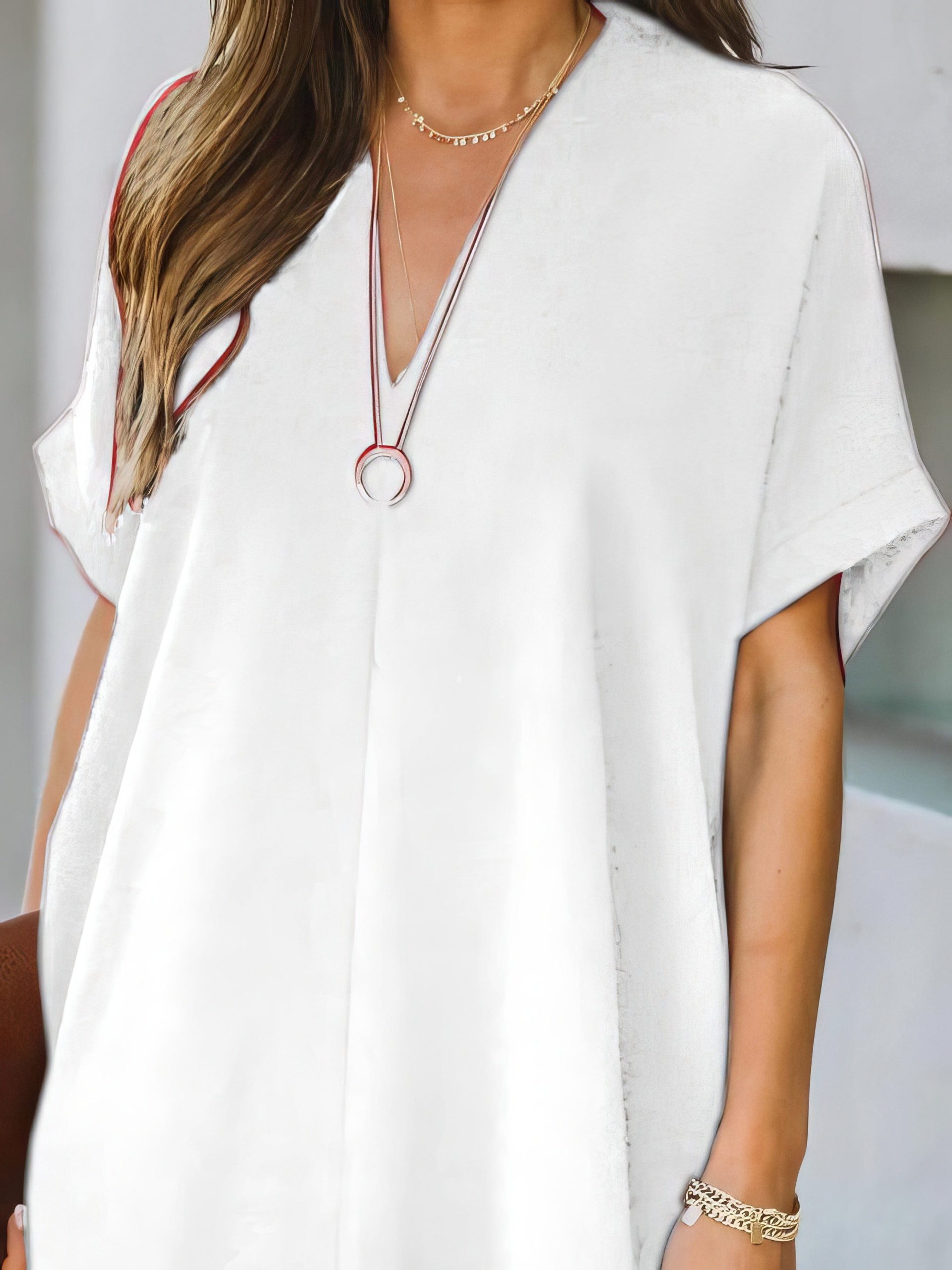 V-neck Short Sleeve Solid Color Loose Dress - Image 15