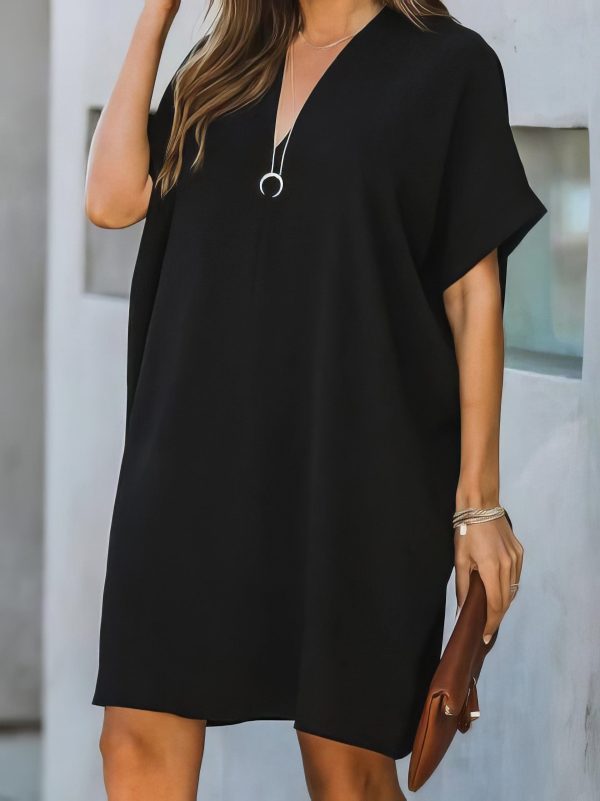V-neck Short Sleeve Solid Color Loose Dress - Image 4