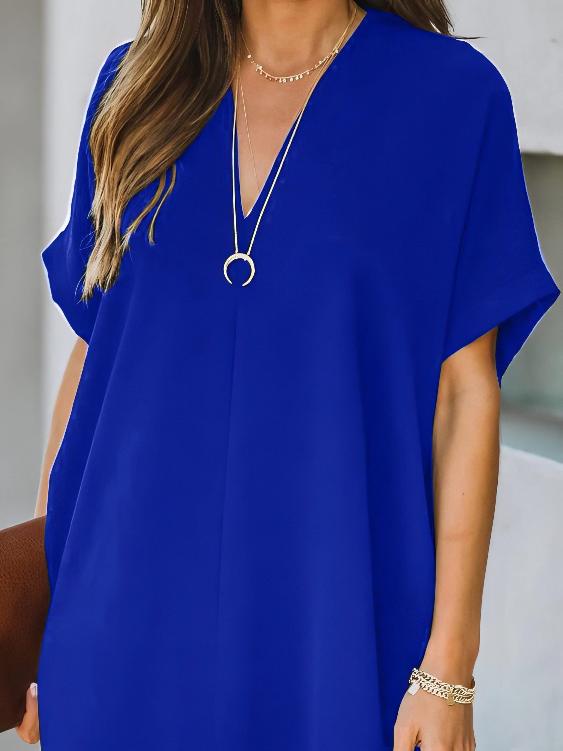 V-neck Short Sleeve Solid Color Loose Dress - Image 12
