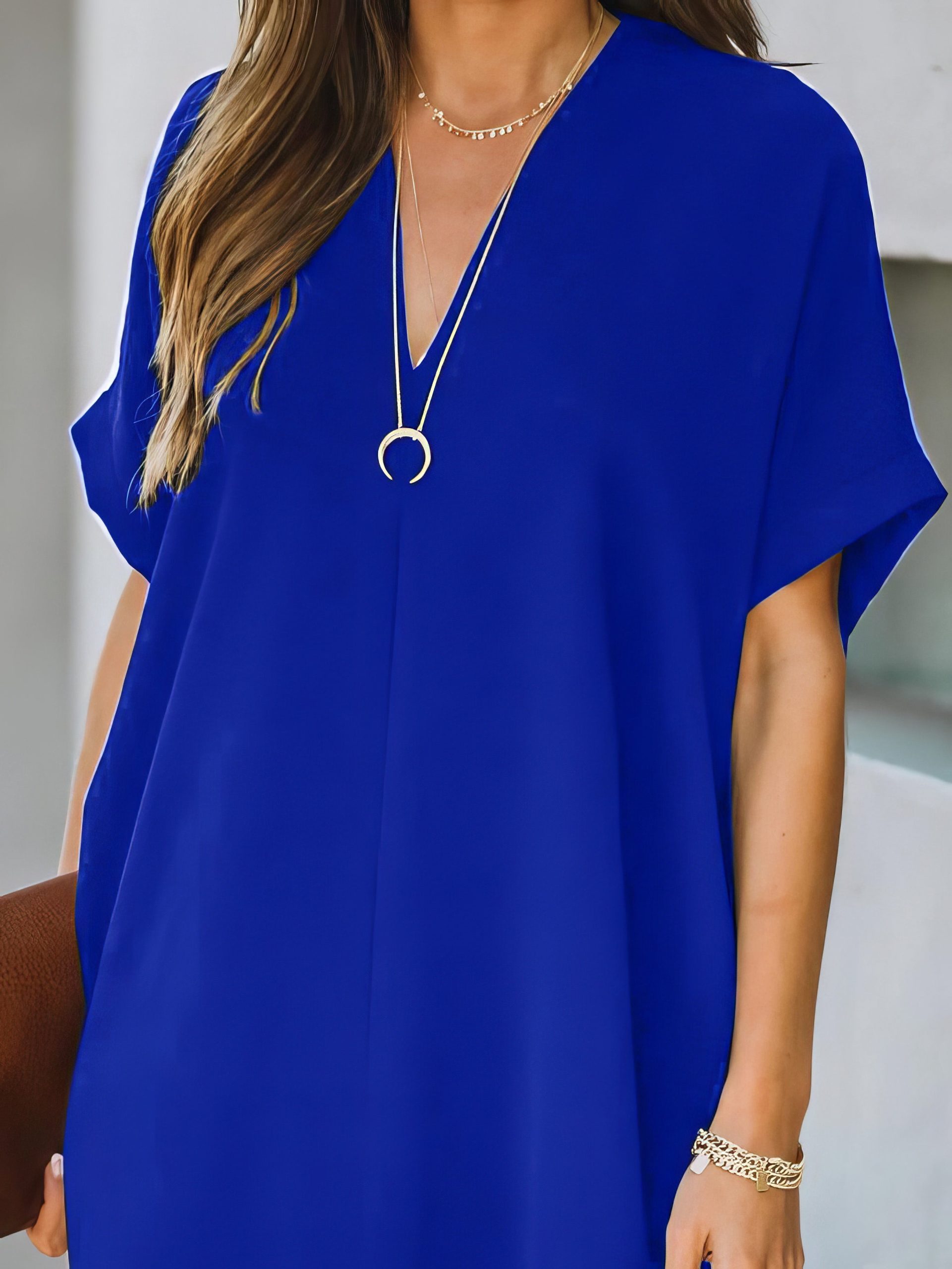 V-neck Short Sleeve Solid Color Loose Dress - Image 25