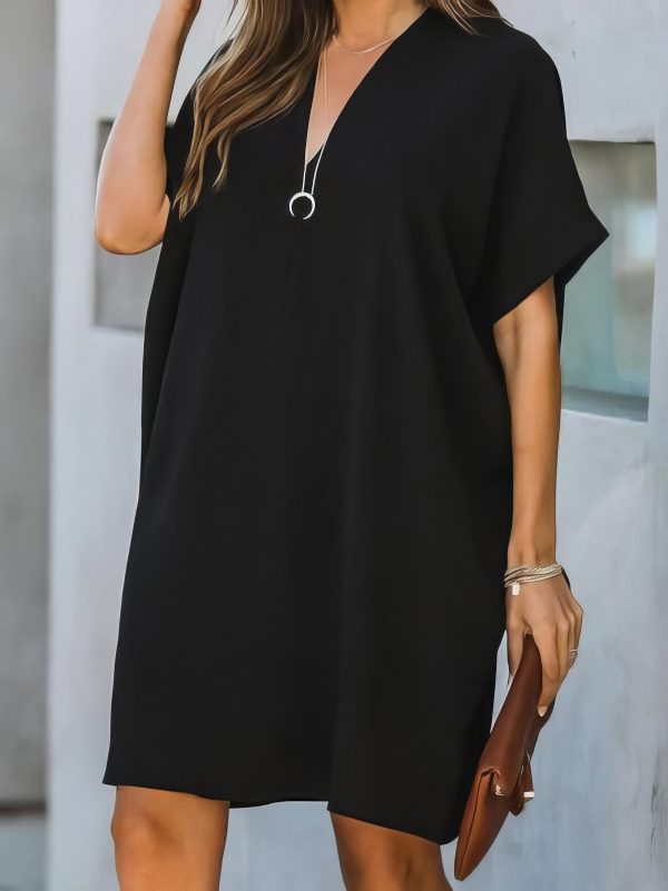 V-neck Short Sleeve Solid Color Loose Dress - Image 21