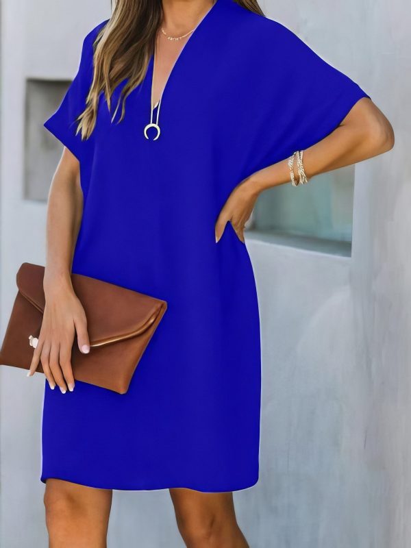 V-neck Short Sleeve Solid Color Loose Dress - Image 24