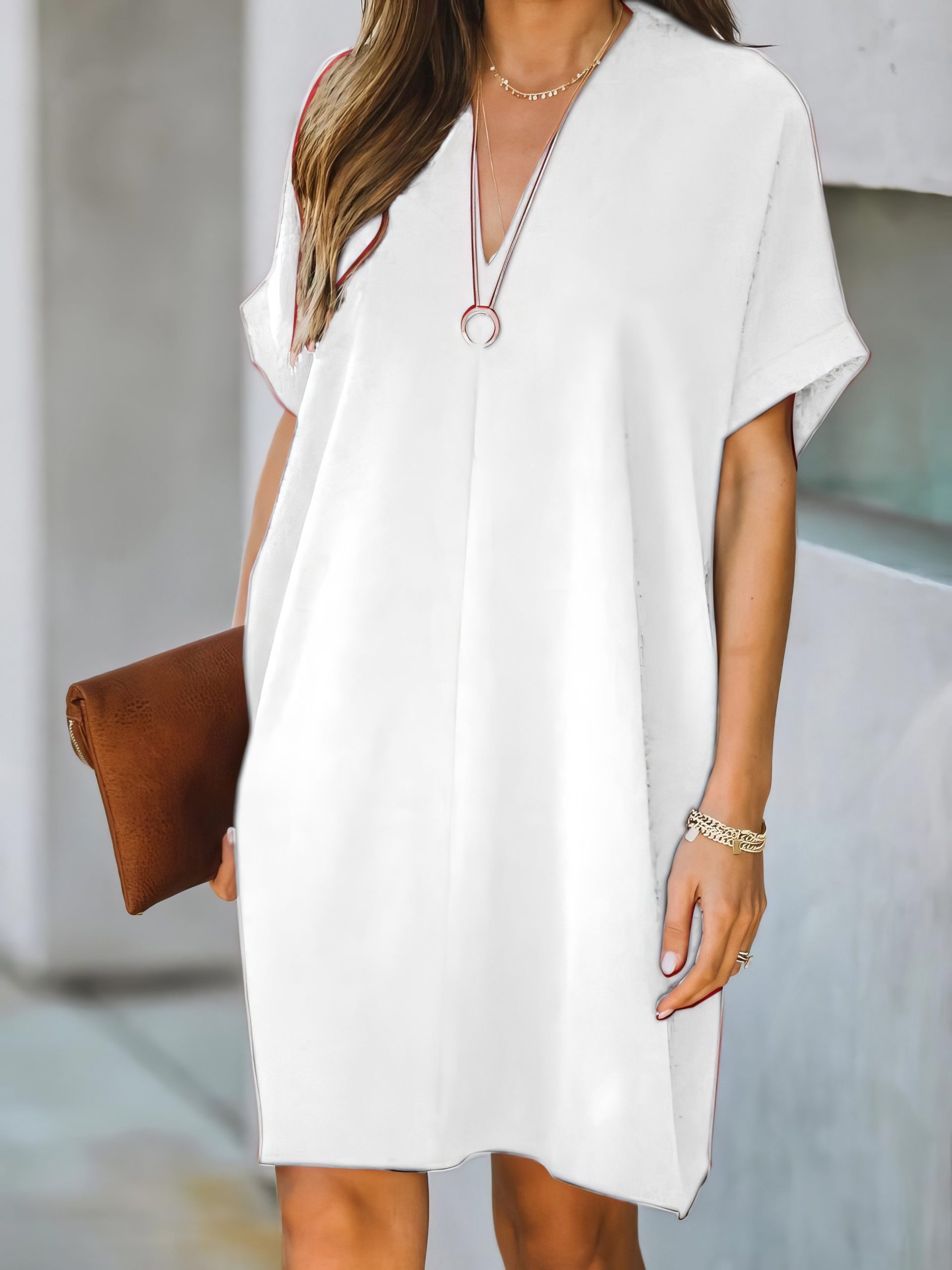 V-neck Short Sleeve Solid Color Loose Dress - Image 26