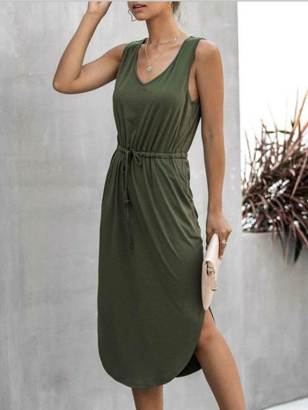 V-neck Solid Color Irregular Waist Round Neck Vest Dress - Image 8