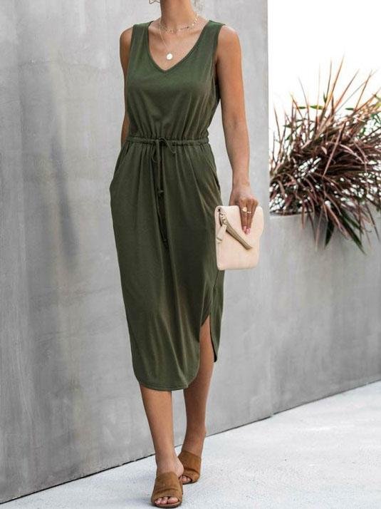 V-neck Solid Color Irregular Waist Round Neck Vest Dress - Image 9