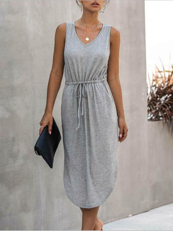 V-neck Solid Color Irregular Waist Round Neck Vest Dress - Image 2