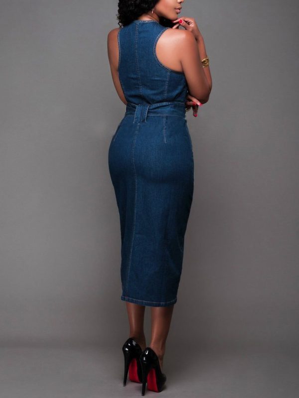 Women Elegant  Sleeveless Denim Jean Dress with Zipper Belt - Image 3