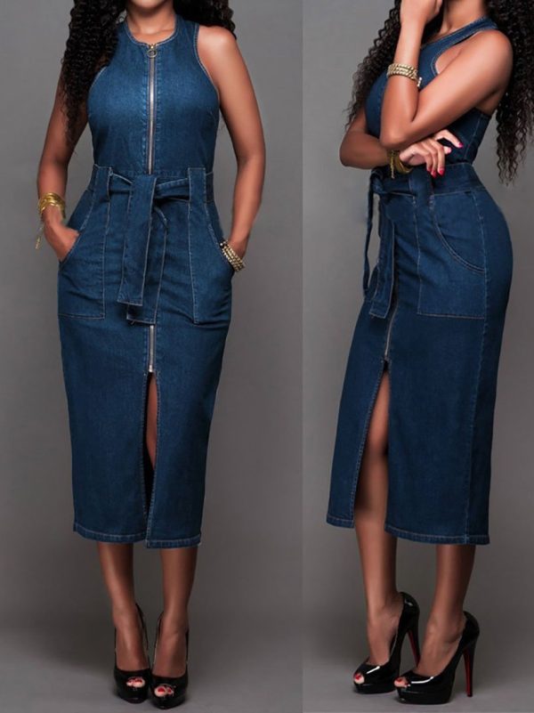 Women Elegant  Sleeveless Denim Jean Dress with Zipper Belt - Image 4