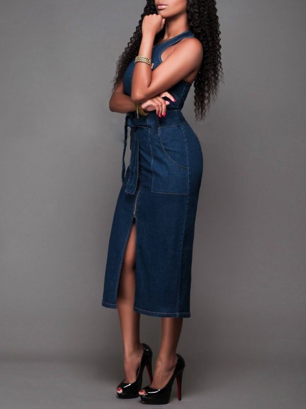 Women Elegant  Sleeveless Denim Jean Dress with Zipper Belt - Image 2