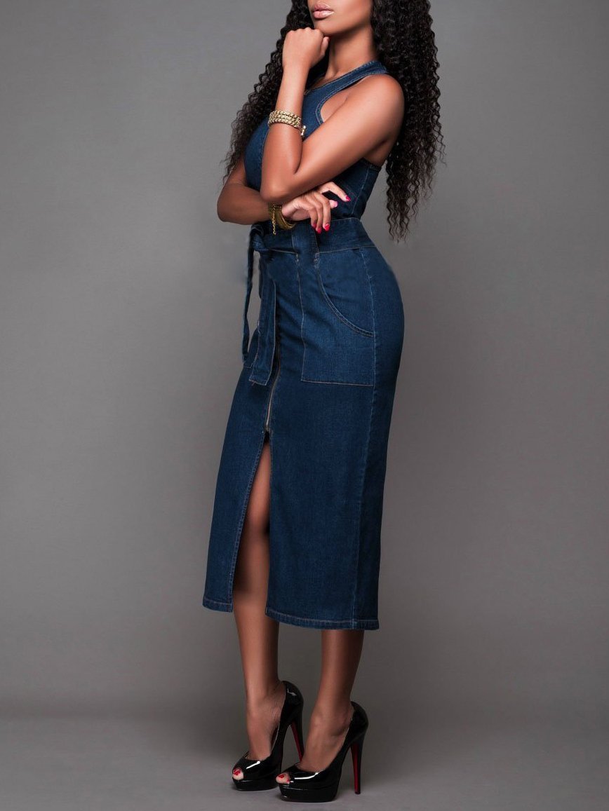 Women Elegant  Sleeveless Denim Jean Dress with Zipper Belt - Image 2