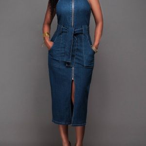 Women Elegant  Sleeveless Denim Jean Dress with Zipper Belt