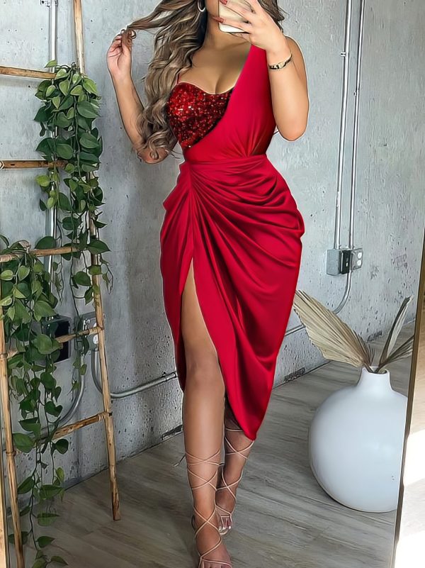 Women's Dresses Sequin Stitching Slit Pleated Dress - Image 3