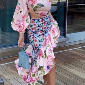 Women's Dresses Asymmetric Off Shoulder One-Sleeve Flower Ruffled Dress