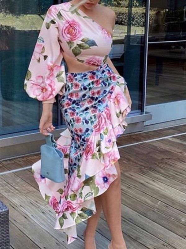 Women's Dresses Asymmetric Off Shoulder One-Sleeve Flower Ruffled Dress