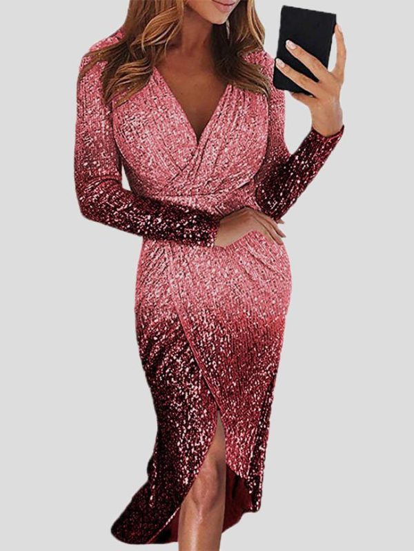 Women's Dresses Gradient Sequined V-Neck Long Sleeve Dress - Image 2
