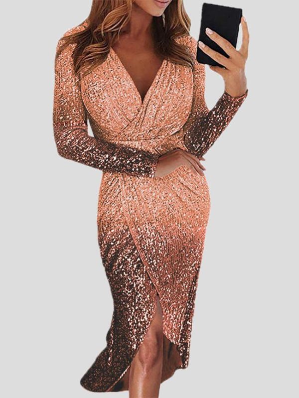 Women's Dresses Gradient Sequined V-Neck Long Sleeve Dress - Image 5