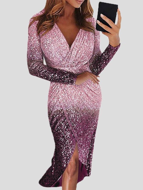 Women's Dresses Gradient Sequined V-Neck Long Sleeve Dress