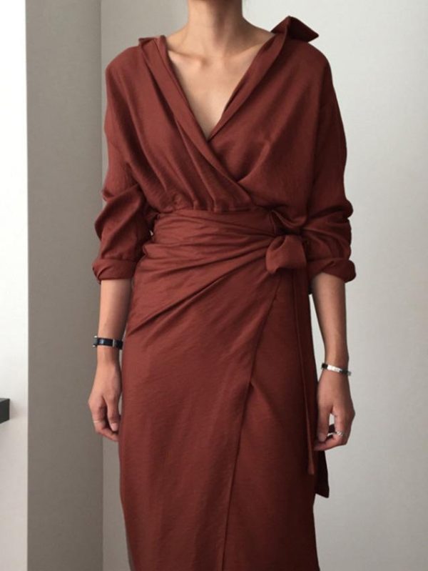 Women's Dresses Irregular Tie V-Neck Long Sleeve Dress - Image 8