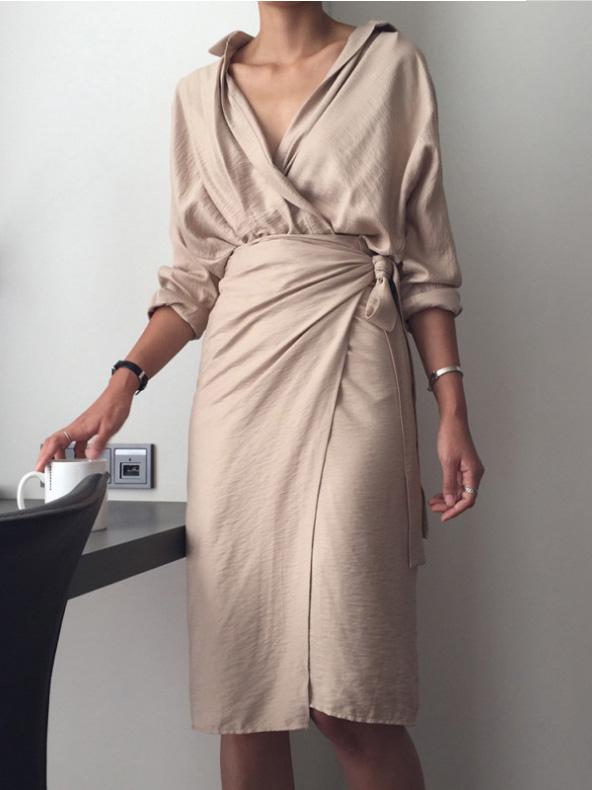Women's Dresses Irregular Tie V-Neck Long Sleeve Dress - Image 2