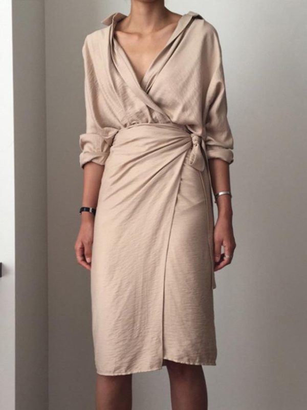 Women's Dresses Irregular Tie V-Neck Long Sleeve Dress - Image 3