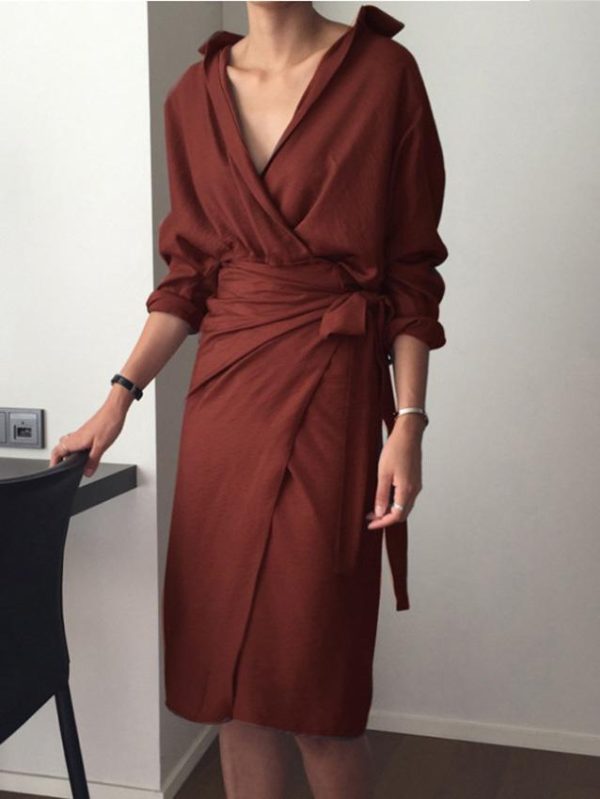 Women's Dresses Irregular Tie V-Neck Long Sleeve Dress - Image 7