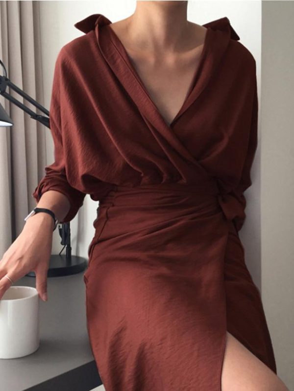 Women's Dresses Irregular Tie V-Neck Long Sleeve Dress - Image 6