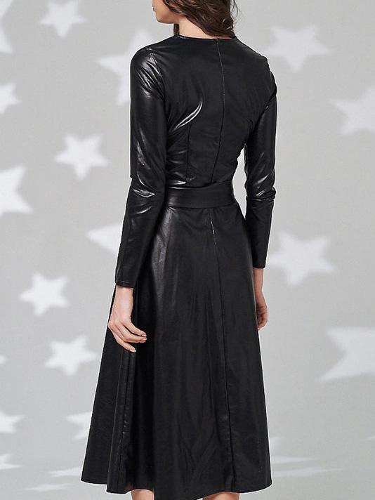 Women's Dresses Simple Round Neck Belt Long Sleeve PU Leather Dress - Image 4