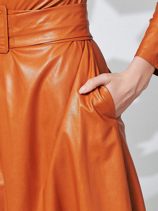 Women's Dresses Simple Round Neck Belt Long Sleeve PU Leather Dress - Image 8