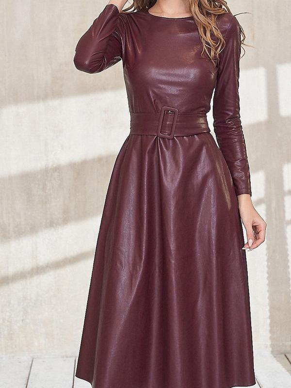 Women's Dresses Simple Round Neck Belt Long Sleeve PU Leather Dress - Image 9