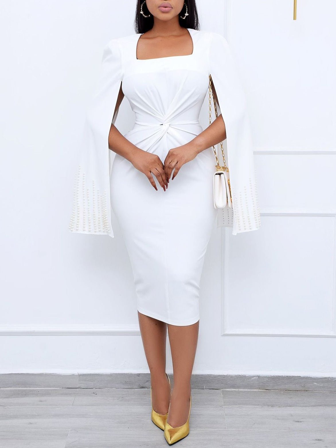 Women's Dresses Square Neck Beaded Cape Twist Slim Dress - Image 3