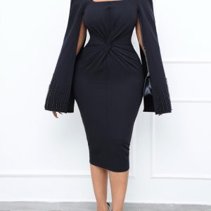 Women's Dresses Square Neck Beaded Cape Twist Slim Dress