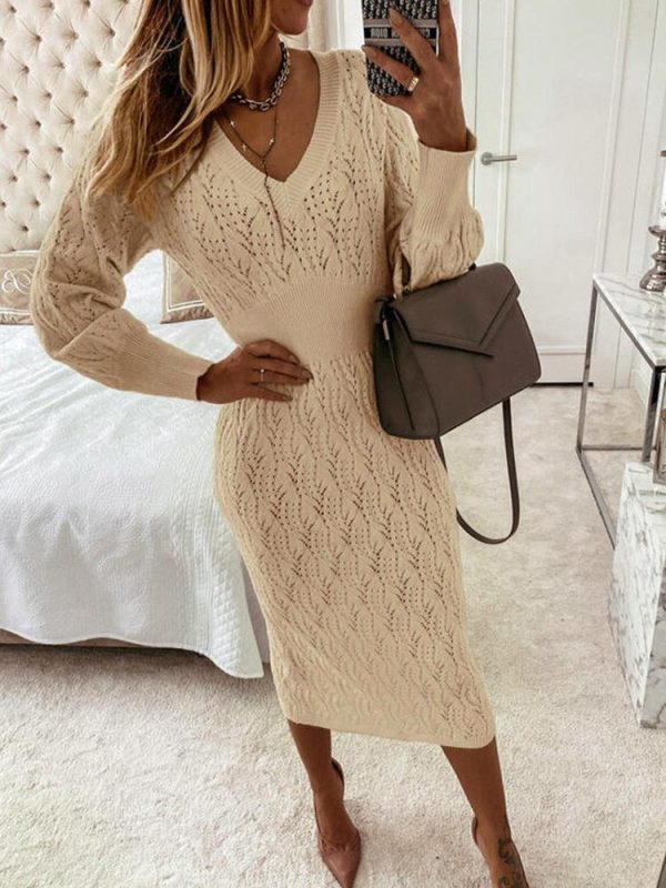 Women's Dresses V-Neck Long Sleeve Sweater Dress - Image 5