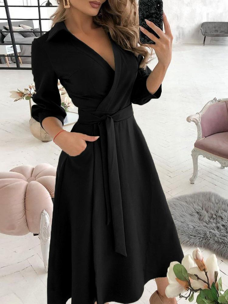 Wrap Design Plain Long Sleeve Flared Dress - Image 4