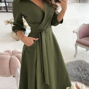 Wrap Design Plain Long Sleeve Flared Dress